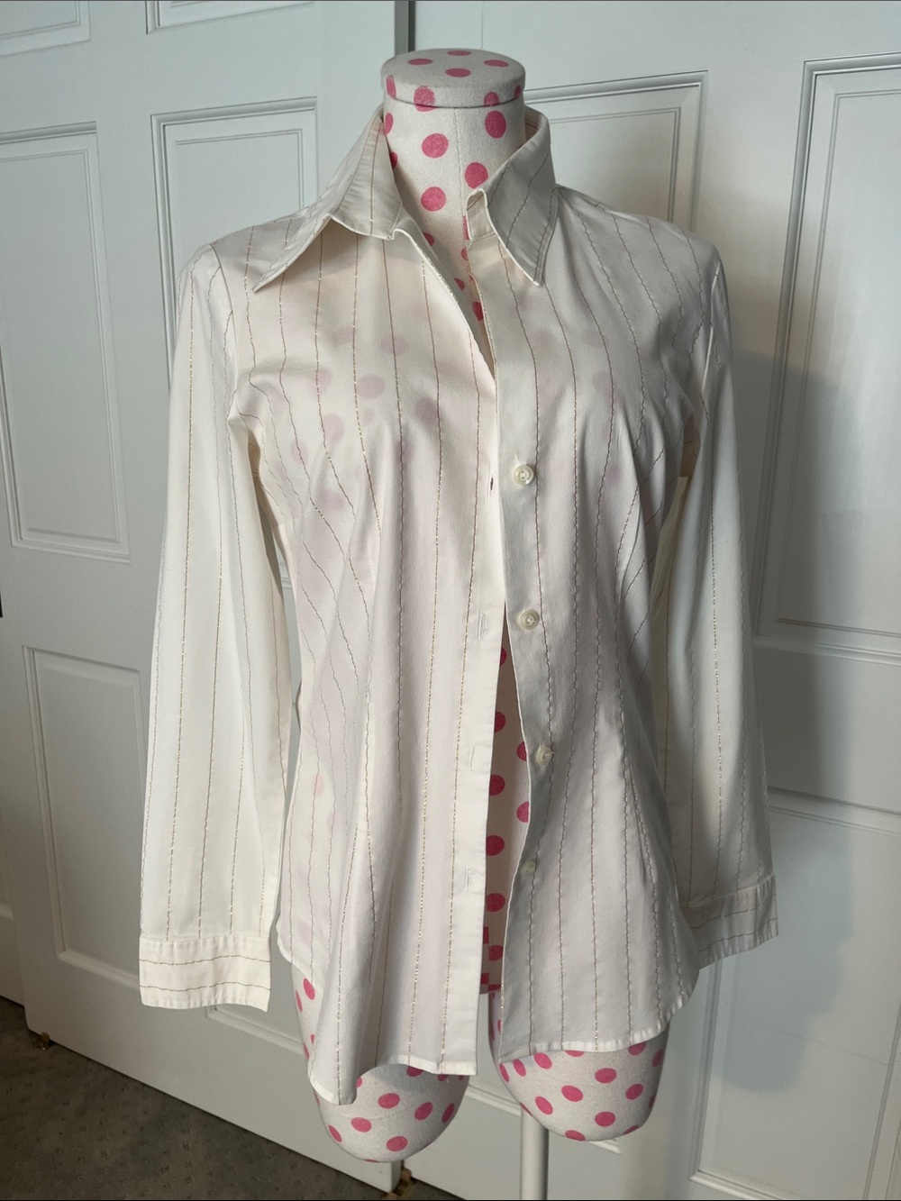New York & Company White Blouse with Gold Pinstripes - Picture 1 of 5